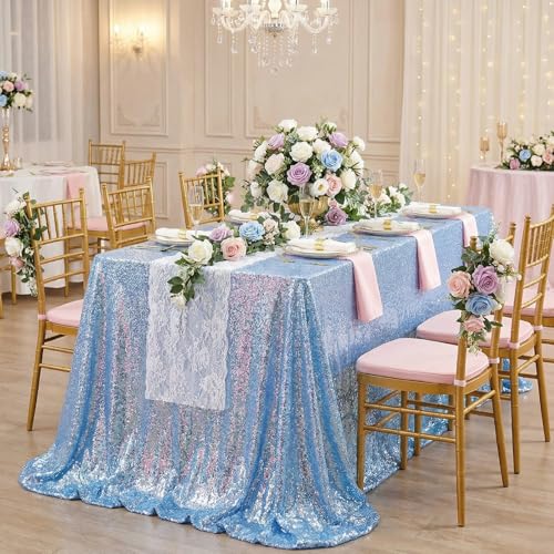 Baby Blue Sequin Tablecloth 90x156 Inch Glitter Fabric for Parties & Events