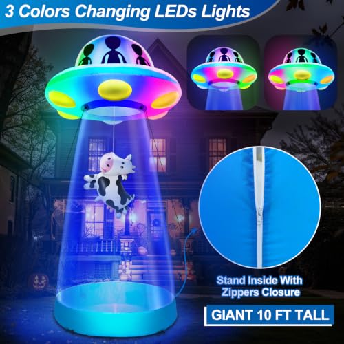 Tall Halloween Inflatable UFO Cow Abduction Decoration - 10 Ft with RGB Lights