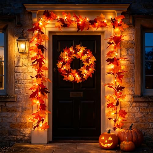 12Ft Fall Leaves Garland with LED Lights - 3 Pack, 8 Modes Waterproof Battery Operated, Autumn Decor for Home & Thanksgiving - Variation: 12Ft-3PCS