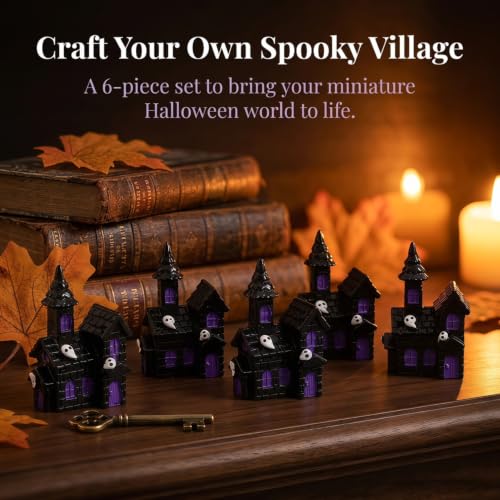 Mini Haunted House Figurines Set - Spooky Halloween Resin Decor, 6 Pieces