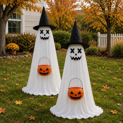 Outdoor Halloween Ghost Decorations - 2 Pack Light-Up, Adjustable Height 3-5 ft