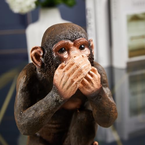 Set of 3 Monkey Statues - Hear No Evil See No Evil Speak No Evil Resin Sculptures for Home Office Decor - Large Brown Monkeys