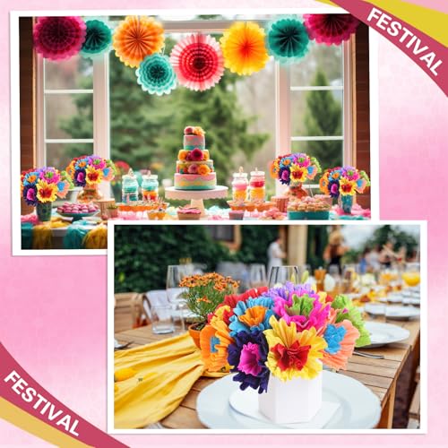 Bright Mexican Crepe Paper Flowers Set - 36 Colorful Tissue Flowers with Stems