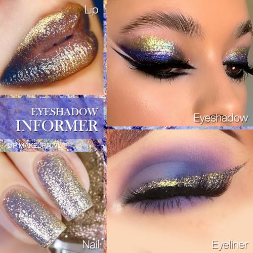 Duochrome Eyeshadow 12 Shades - Multi-Dimensional Gold Blue Glitter, Waterproof & Crease Resistant