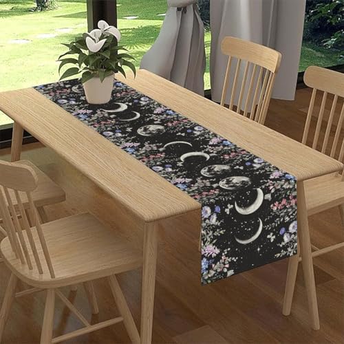 Boho Floral Table Runner - Moon Flower-10, 13x36in, Spring Wildflower Decor