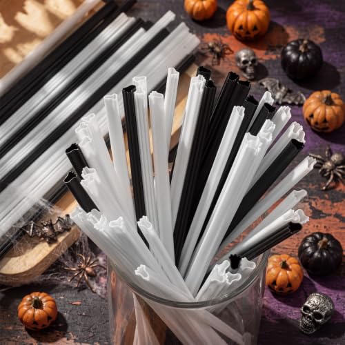 Halloween Ghost Shaped Plastic Drinking Straws - White & Black, 50 Pack