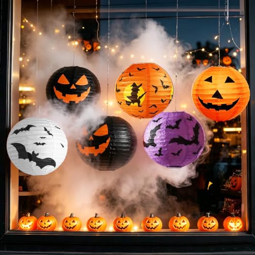 Halloween Hanging Paper Lanterns Set - 12PCS Ghost Pumpkin Decor - Orange, Black, White, Purple
