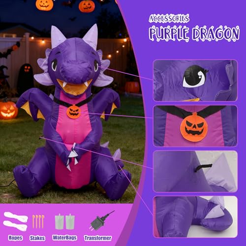 5 Ft Halloween Inflatable Purple Dragon with LED Lights for Yard & Garden Decor