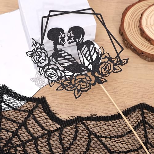 Halloween Skull Wedding Cake Topper with Floral Frame - Gothic Celebration Decoration