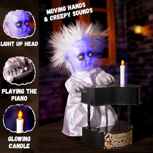 Halloween Animatronic Decor - Creepy Doll with Piano, Light Up Face & Sound Activation - 13.7'' Haunted House Prop - Variation: Animated Piano-Playing Doll