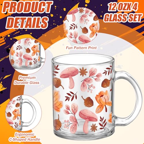 Fall Coffee Mug Set - 4 Pcs 12 oz Pumpkin & Leaf Harvest Glass Cups - Variation Leaf
