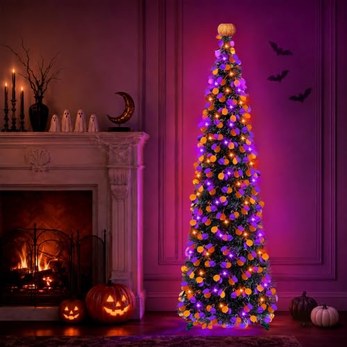 5FT Halloween Tinsel Tree with Orange Purple Lights, Collapsible Indoor Decor - Variation of THIS listing