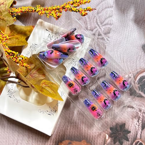 Halloween Press On Nails with Spider Web Pumpkin Bat Pattern - Medium Ballet Shaped 24Pcs