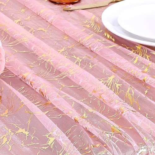 Pink Halloween Gauze Table Runner 120 Inch 3 Pieces - Gold Foil Design, Cracks Pink Gold / 28x120