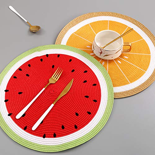 Watermelon Placemats Set of 4 - Round Braided 15 Inch Indoor Outdoor Table Decor - Red Variation