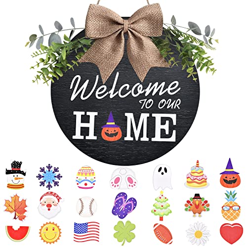 Interchangeable Welcome Home Sign with 21 Seasonal Icons - Rustic Wood Porch Decor (Black, 12")