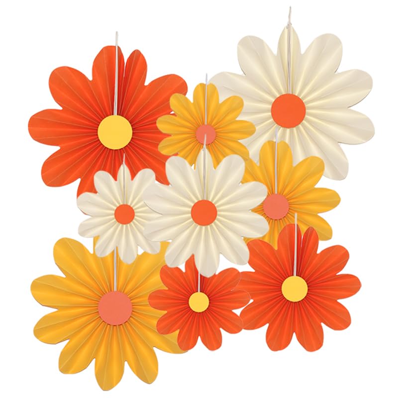 9 Pack Paper Fan Decorations with Orange Flowers for Parties & Holidays