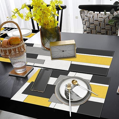 ArtSocket Geometric Yellow Linen Table Runner & Placemats Set of 6 - Abstract Modern Dining Decor