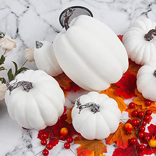 White Fall Artificial Pumpkins Set - Large & Assorted Size Halloween Thanksgiving Decor