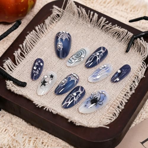 Gothic Halloween Press-On Nails - 3D Spider Web Star Almond Set - Variation of Halloween-13