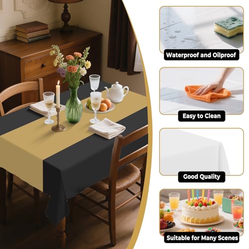 Black and Gold Disposable Plastic Tablecloths - Rectangle 54x108 Inches, Pack of 8