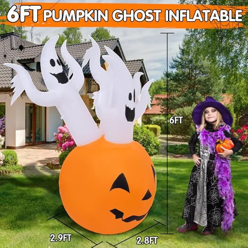 6ft Halloween Inflatable Pumpkin Ghost Yard Decor with RGB Lights and LED Flame