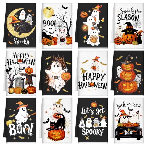 Halloween Ghost Kitchen Towels Set - 12 Spooky Pumpkin Dish Hand Towels with Variation Black+Pink