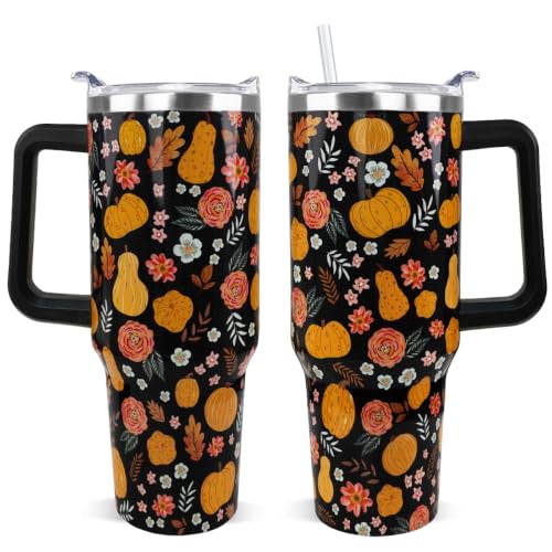 Fall Black Pumpkin Flower 40oz Tumbler with Handle - Halloween Decor Gift