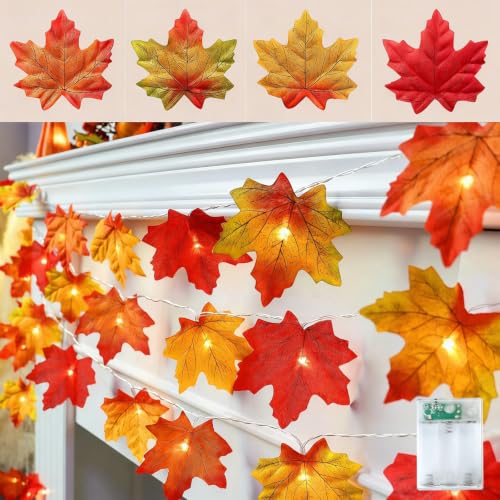 Lighted Fall Garland with 4-Color Maple Leaves - 20ft Battery-Operated Halloween Thanksgiving Decor - 2 Pack