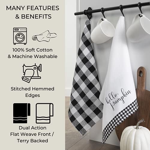 Farmhouse Kitchen Towel Set Black & White 18x28 - Hello Pumpkin & Check