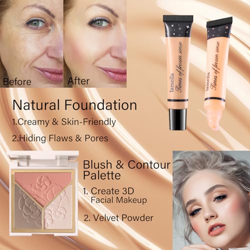 Makeup Set for Women with Green Eyeshadow & Pink Cosmetic Bag - Beginners & Pro