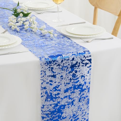 Royal Blue Table Runner 2 Pieces 11x108 Inches Glitter Gold Mesh Polyester