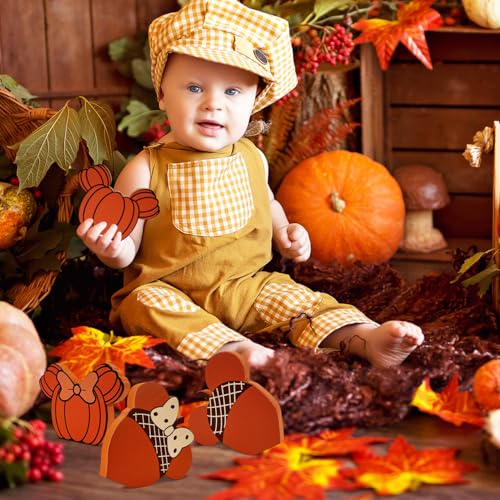 Thanksgiving Fall Wooden Sign Set - 4 Cute Pumpkin Mouse Decor for Home & Table