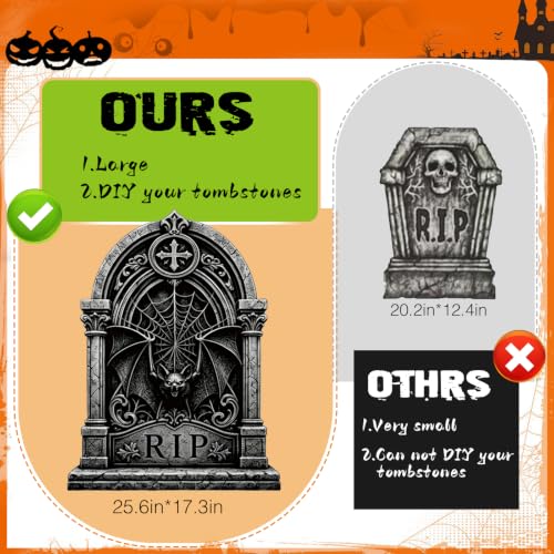 Halloween Tombstone Yard Decorations 5 Pack - 25.6 Inch Plastic Gravestones with Metal Stakes for Outdoor Cemetery Scene