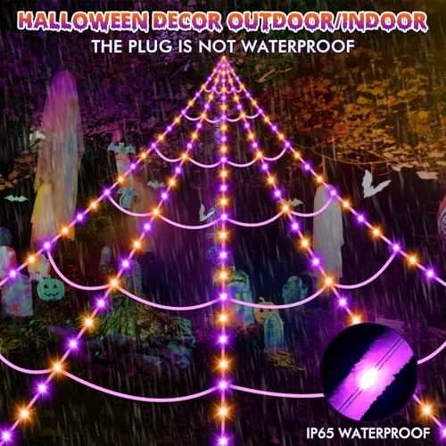 Halloween Spider Web Lights with Fake Spider - 200" Outdoor Decor, 8 Lighting Modes, Purple & Orange Variation