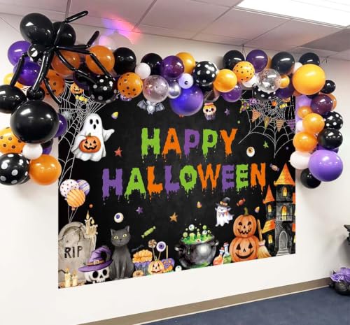Halloween Photo Backdrop 7x5FT Spooky Pumpkins Ghosts Haunted House Banner - Vinyl Halloween Decoration