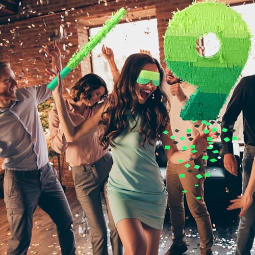 Number 9 Piñata - 16 Inch Green Birthday Party Pinata with Stick & Blindfold