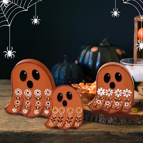 Mexican Ghost Wooden Tabletop Decorations - Halloween Ghost Sign Set, Suzile 3 Pcs