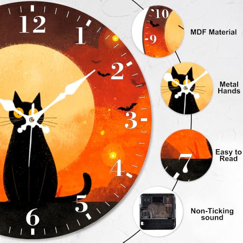 12-Inch Silent Wall Clock - Halloween Cat & Full Moon Design - Home Decor