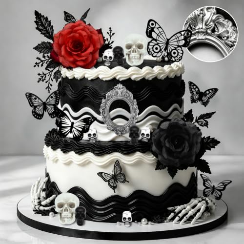 Gothic Cake Decorations Set - Skull, Butterfly & Rose Toppers for Halloween & Dark-Themed Cakes