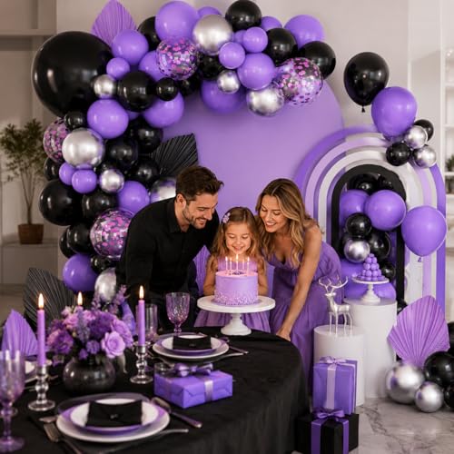 Black Purple Balloons Arch Kit - Metallic Silver Confetti Balloon Party Decorations - Variation: Purple Black