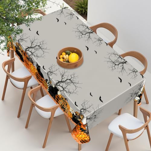 Halloween Tablecloth 60x84 Inch Rectangular Black Cat & Pumpkins Reusable Washable