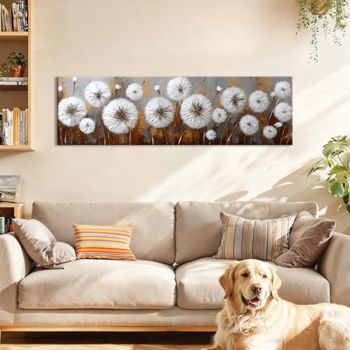 Dandelion Wall Art Canvas - Rustic Farmhouse Floral Decor 48"L x 14"W - White Flower