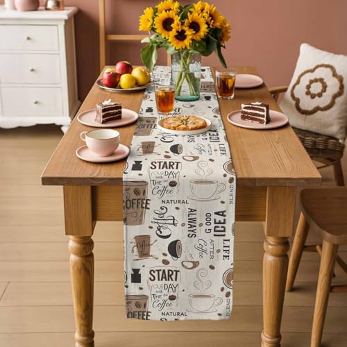 Farmhouse Cotton Linen Table Runner 18 x 72 Inches - Brown Beige Kitchen Decor