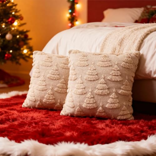 Christmas Tree Pattern Faux Fur Pillow Covers Set of 2 - 18x18 Inches Beige