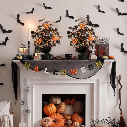 Black Brown Orange Lighted Halloween Table Tree Set - 2 Pack Seasonal Pumpkin Decor