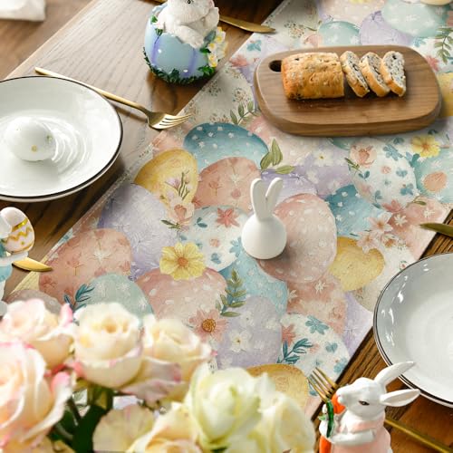 Easter Bunny Eggs Flower Table Runner 13x36 Inch Seasonal Spring Kitchen Decor
