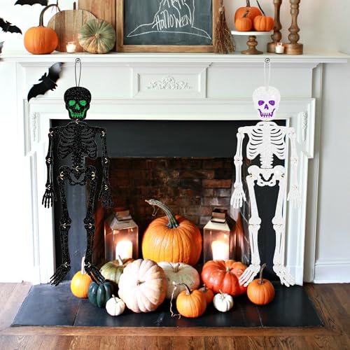 2-Pack Glitter Halloween Skeleton Hanging Decorations for Indoor & Outdoor Use