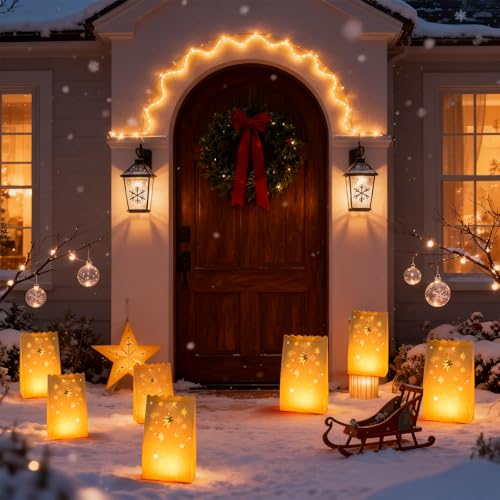 60 Pack White Fire-Resistant Luminary Bags with Star Pattern for Holidays & Events
