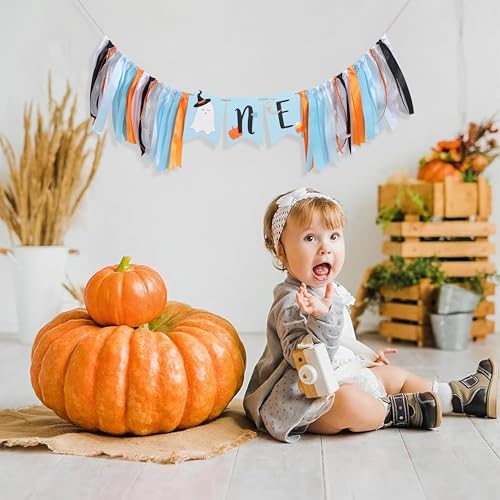 Halloween Ghost First Birthday Banner for Boys - Spooky Baby Party Decor, Blue Ghost Celebration Flag